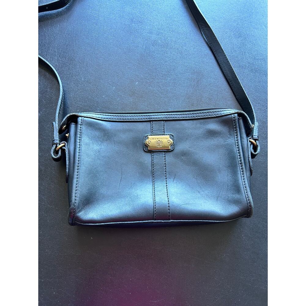 Vintage Liz Claiborne Black Leather Crossbody, Cavalry Clutch Equestrian Style